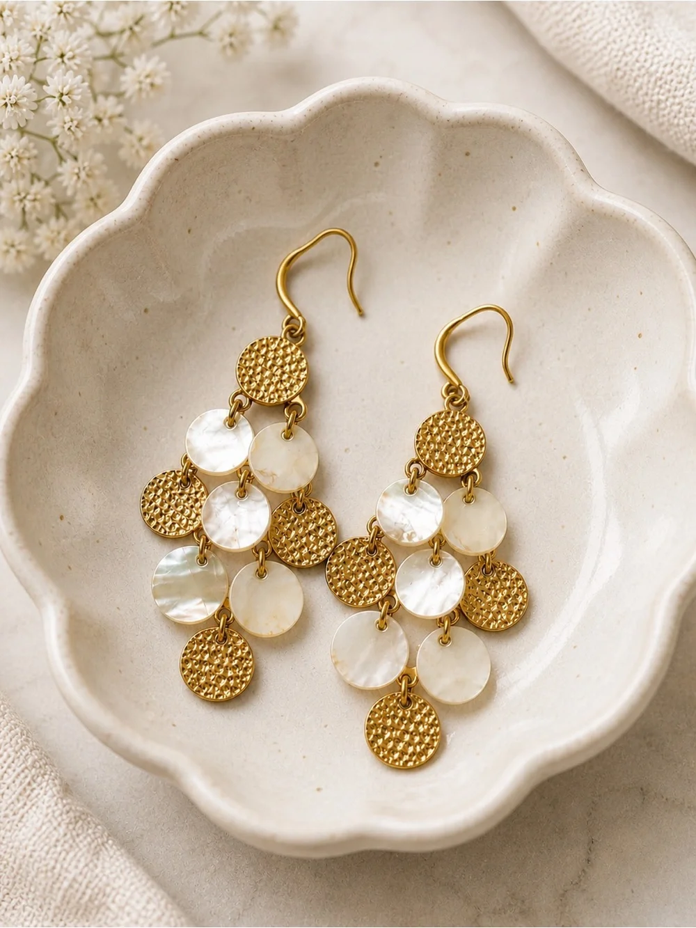 Gold Tone Mother of Pearl Disc Chandelier Dangle Earrings